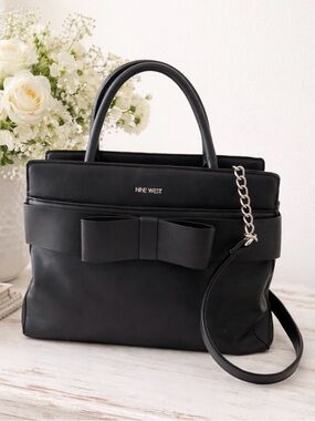 Nine West Black Bow Satchel with Chain-Accent Crossbody Strap